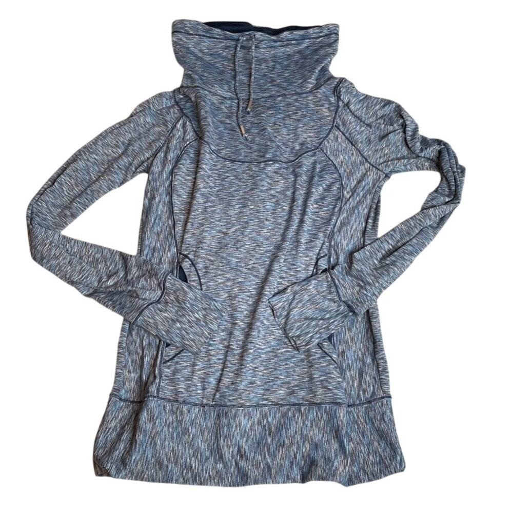 Women's Blue Heathered Cowl Neck Long Sleeve Athleisure Top Pockets - Picture 2 of 6